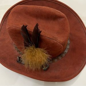 Vintage Cowboy Hat With Feathers  Brown Size 7 1/2 X 6 1/2 Inches Made In USA